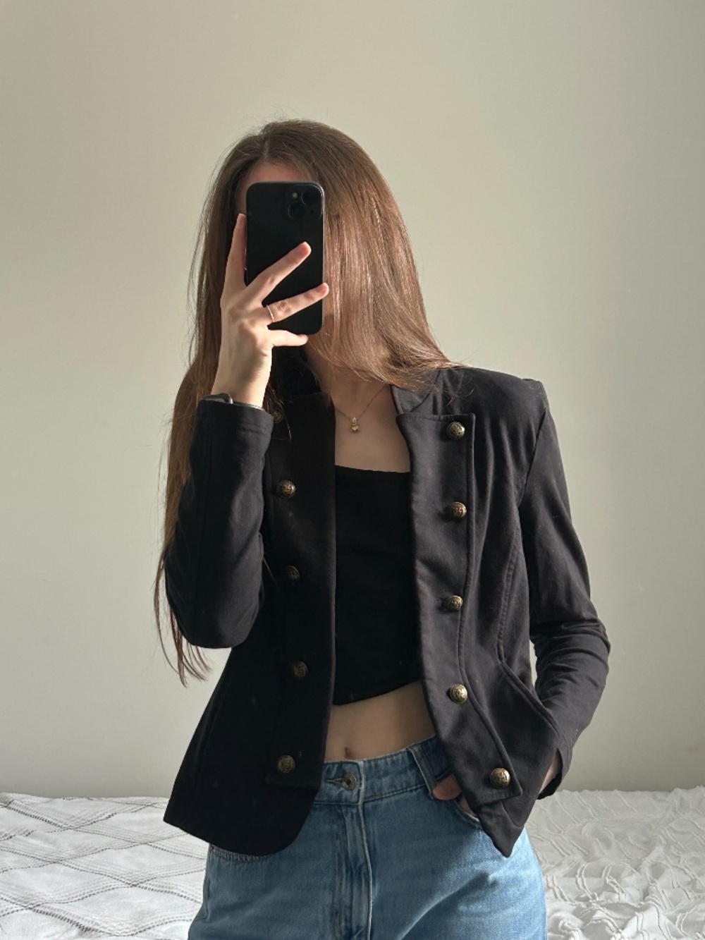 Tommy Hilfiger Black Military Jacket Gold Buttons Women’s Size M Fitted Stretch